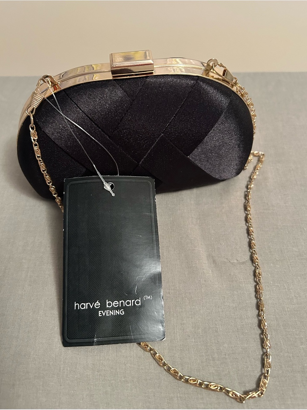 Harve Benard Black Satin Evening Clutch with Gold Chain